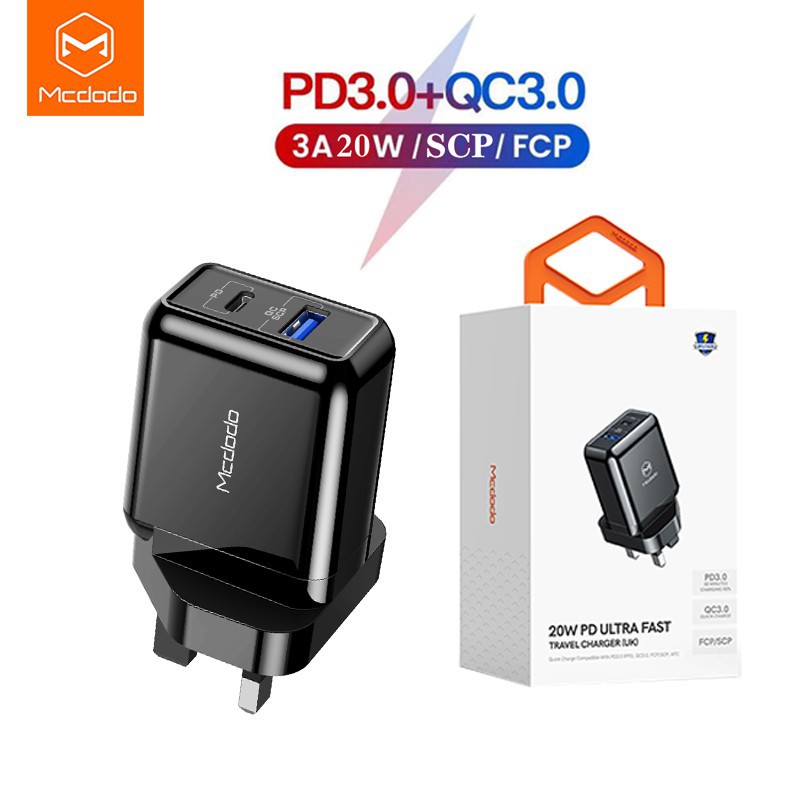 MCDODO 20W FAST CHARGER QC3.0 USB PD TURBO CHARGER FOR IPHNOE HUAWEI SAMSUNG XIAOMI TRAVEL WALL ADAPTER ( CH-6901 )