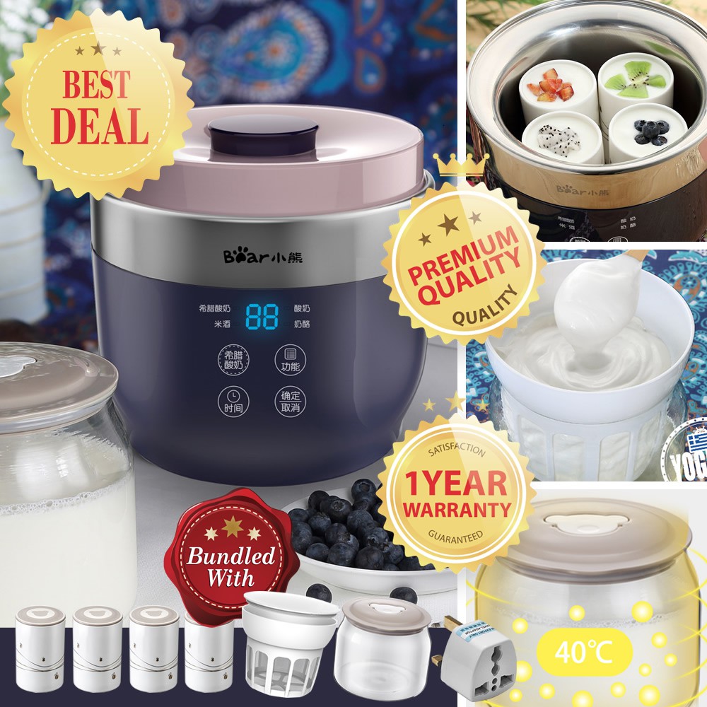 [1 YEAR WARRANTY] Bear SNJ-C10T1 Mediterranean Santorini Style 1L Smart Yogurt Maker with 2 Glass + 4 Ceramic Insert