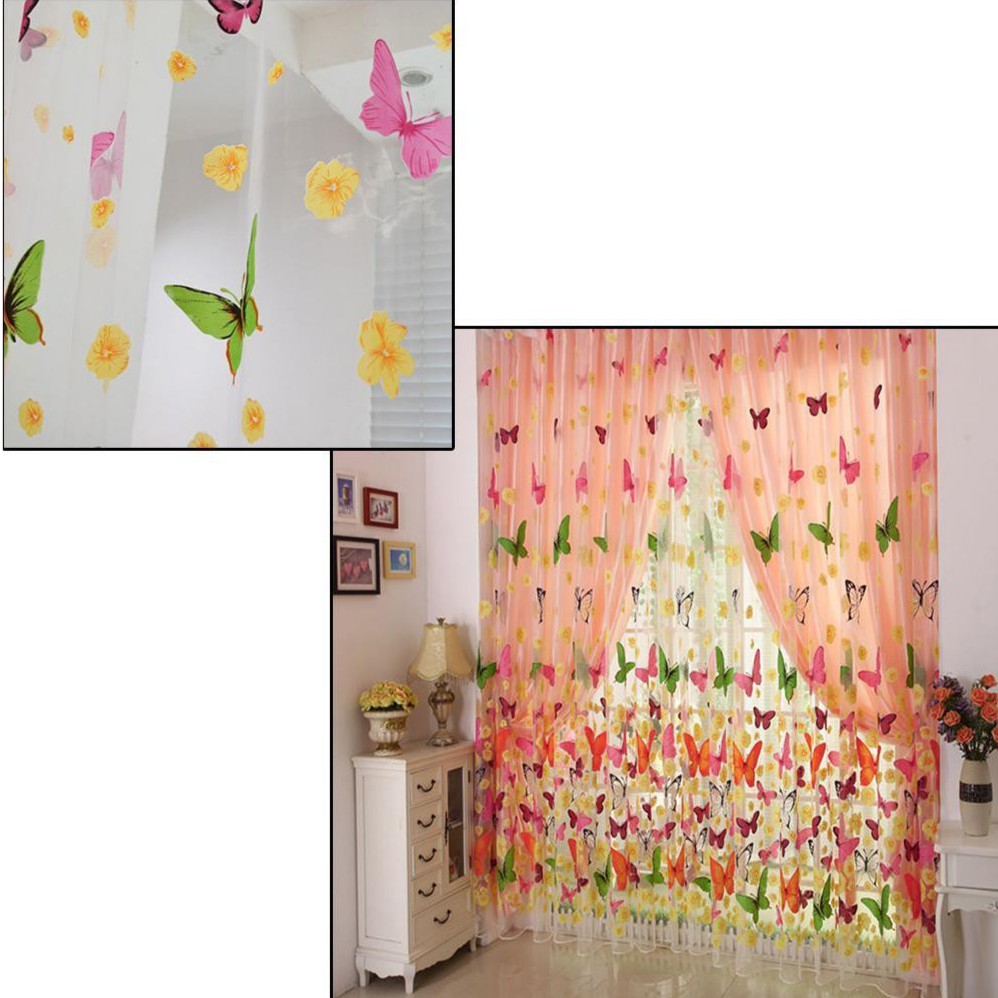 Butterfly Print Sheer Curtain Panel Window Balcony Tulle Door Room