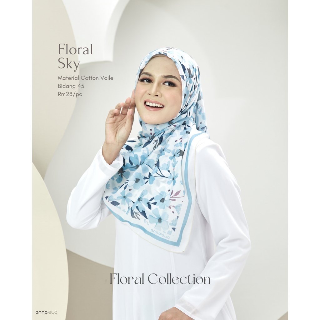 Annaleya Tudung Bawal Printed Cotton Voile (Floral Collection) >> Code Floral Sky