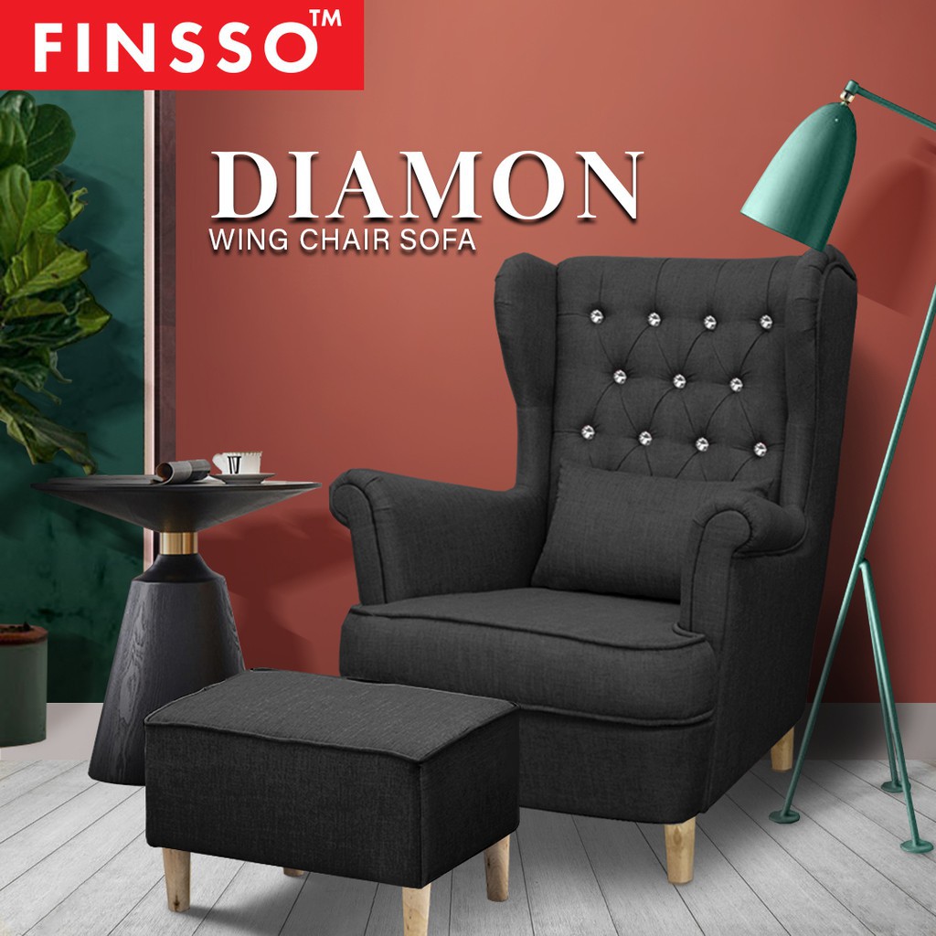 FINSSO: DIAMON Canvas Fabric Sofa Wing Chair With Round Stools + Cushion Pillow