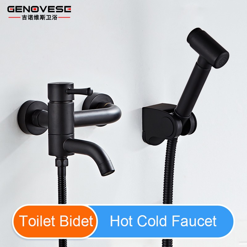 Brass Black Hot Cold Faucet Toilet Bidet Shower Head Bathroom