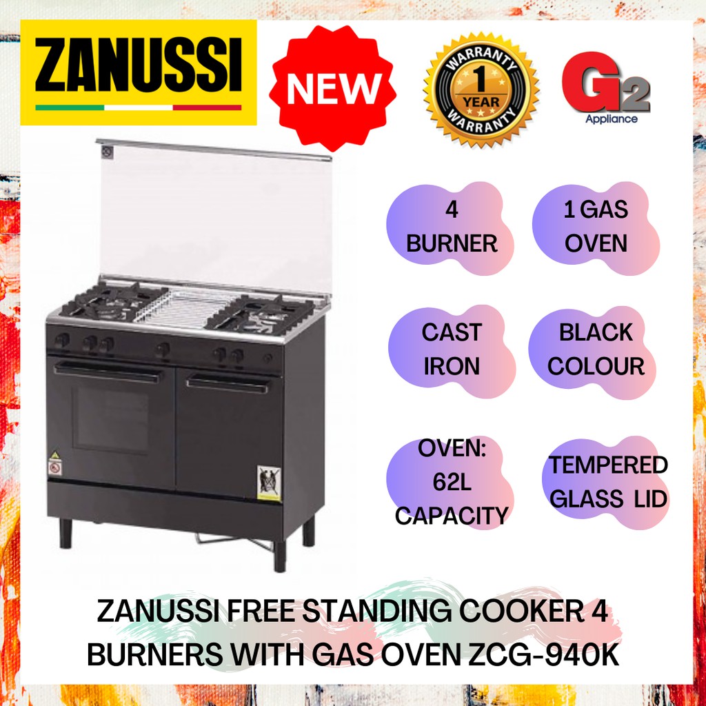 ZANUSSI (Send By Lorry+Authorised Dealer)FREE STANDING COOKER 4 BURNERS WITH GAS OVEN ZCG-940K - ZANUSSI WARRANTY