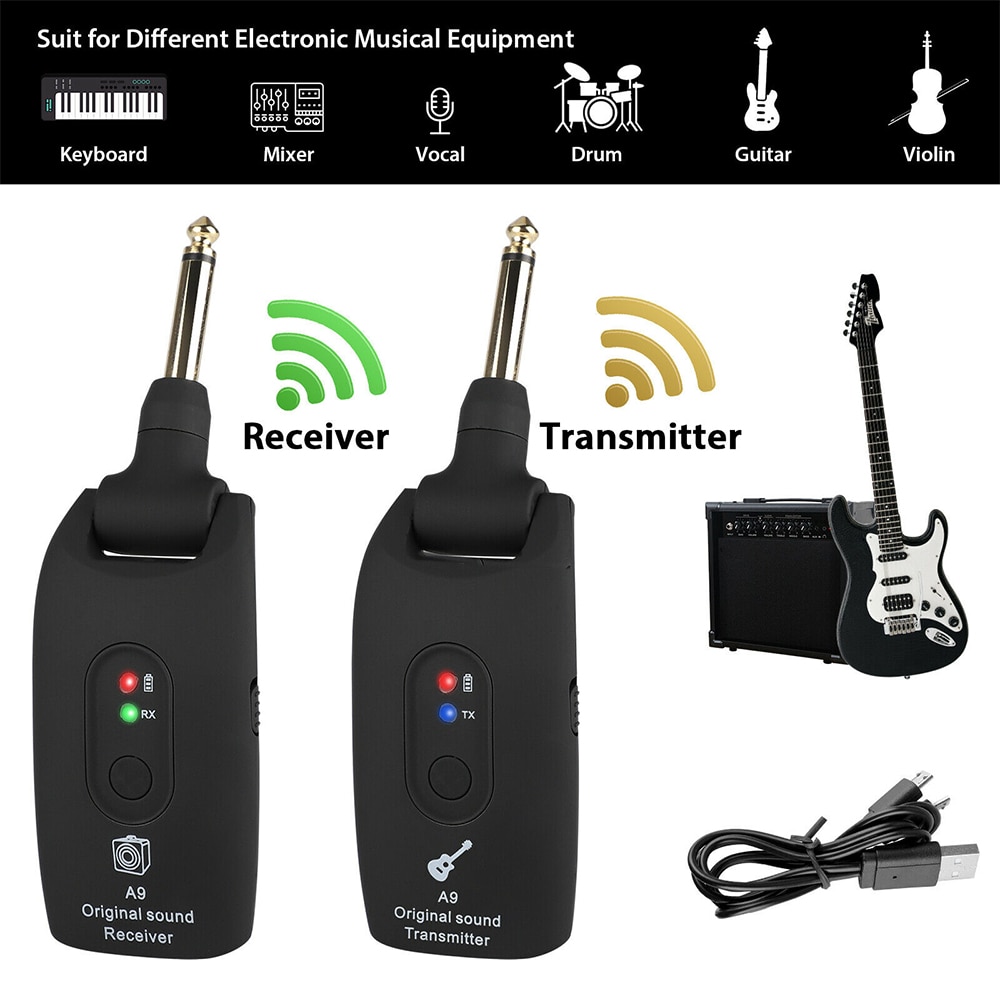 Wireless Guitar System A9 UHF 2.4GHz Rechargeable Electric Guitar ...