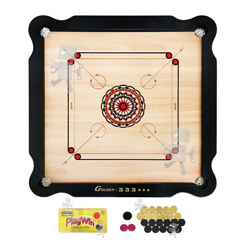 Classic Rubber Wood Frame Wooden Carrom Board, Carrom Men, Striker