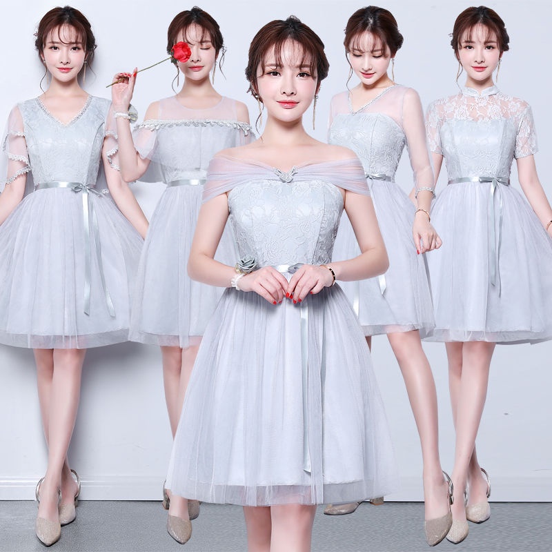 Bridesmaid dress women's Korean version sister group Bridesmaid Dress presided over a short gray sli伴娘礼服女韩版姐妹团伴娘服主持短款灰色显瘦年会宴会晚礼服my 9 29