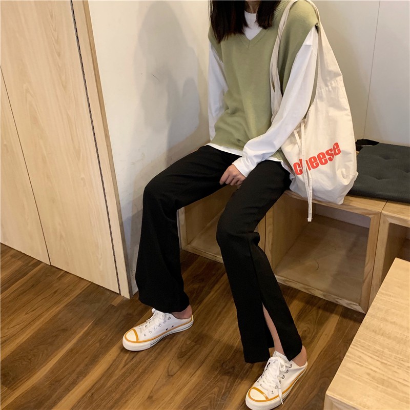 Autumn Korean Version Of The Side Slits High Waist Vertical Wide
