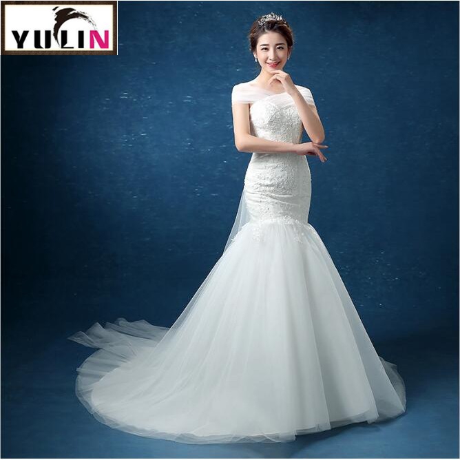 White Off Shoulder Lace Embroidery Mermaid Long Tail Wedding Gown