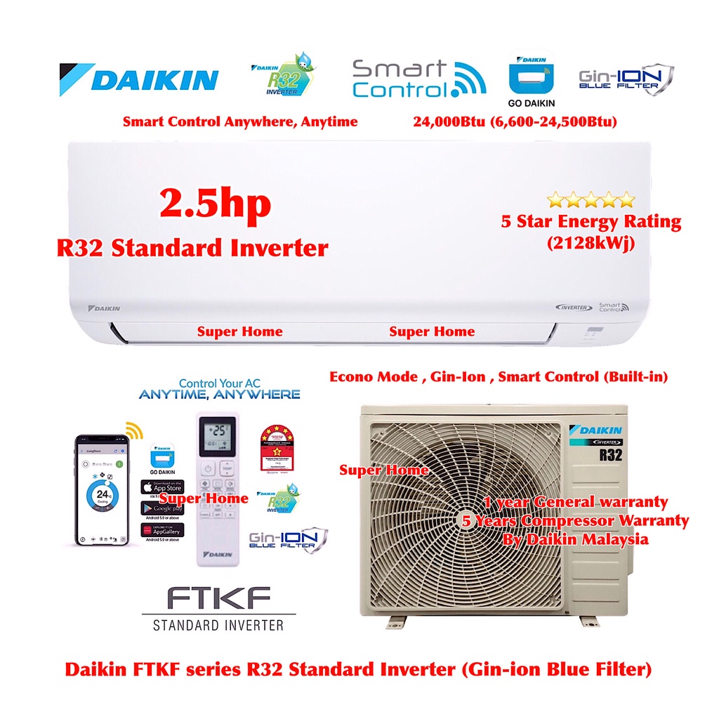 Daikin 2.5hp Standard Inverter Aircond FTKF71B & RKF71A3WMYLF (WiFi) Daikin Smart Control R32