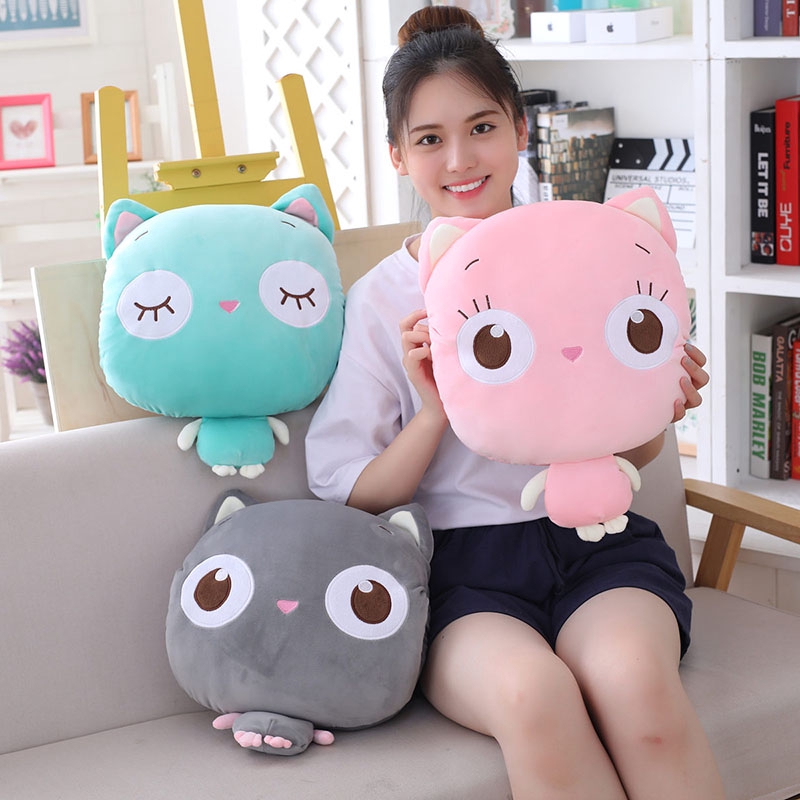 3 Colors Stuffed Animal Pink Grey Green Cat Head Pillow Blanket