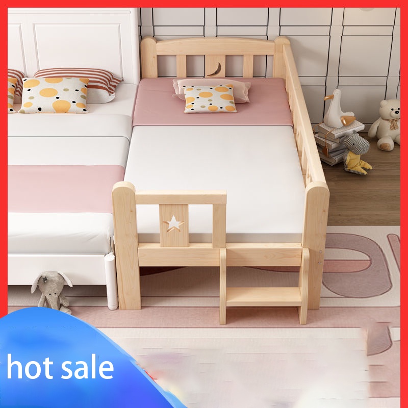 All solid wood children's bedside bed with guardrail crib splicing