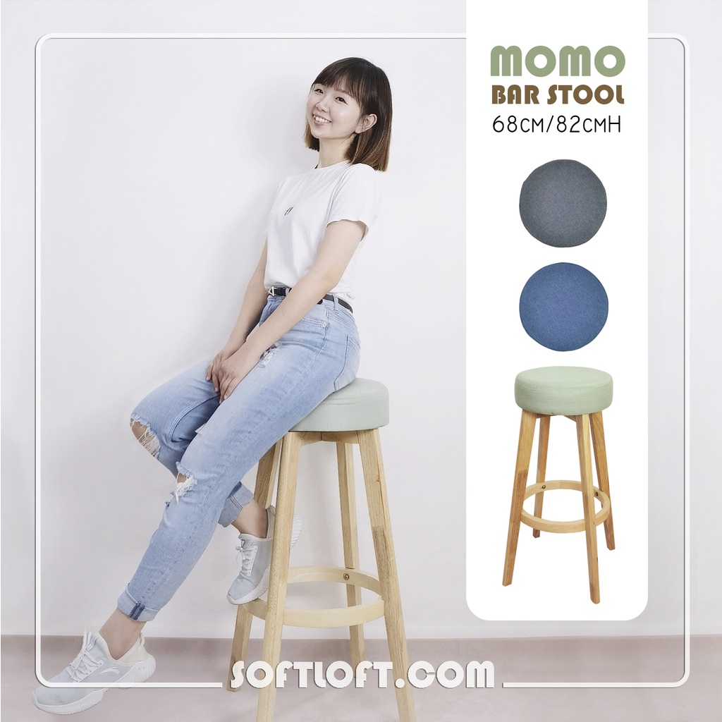 100% Solid Wood 82cm Momo Island Stool Wooden Bar Counter Home Bench Chair Kerusi Kayu Makan Bangku