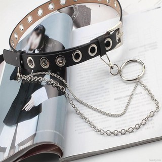 Women Punk Chain Belt Adjustable Black Single Eyelet Leather Buckle Belt
