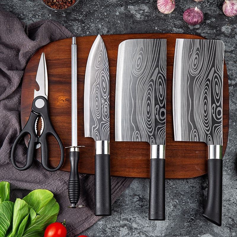 6 in 1 Knife Set Stainless Steel Japanese Damascus Knife with Black Oxidation iron Kitchen Chef Scissors Pisau Dapur