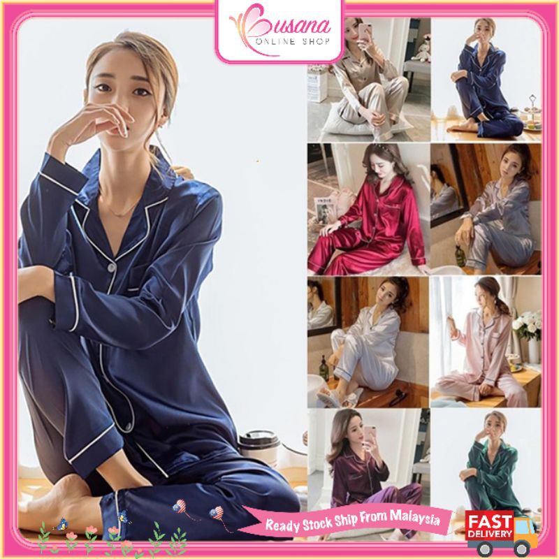 【Ready Stock】Women Silk Satin Pajamas Set Sleepwear Loungewear  Plus Size M~5XL