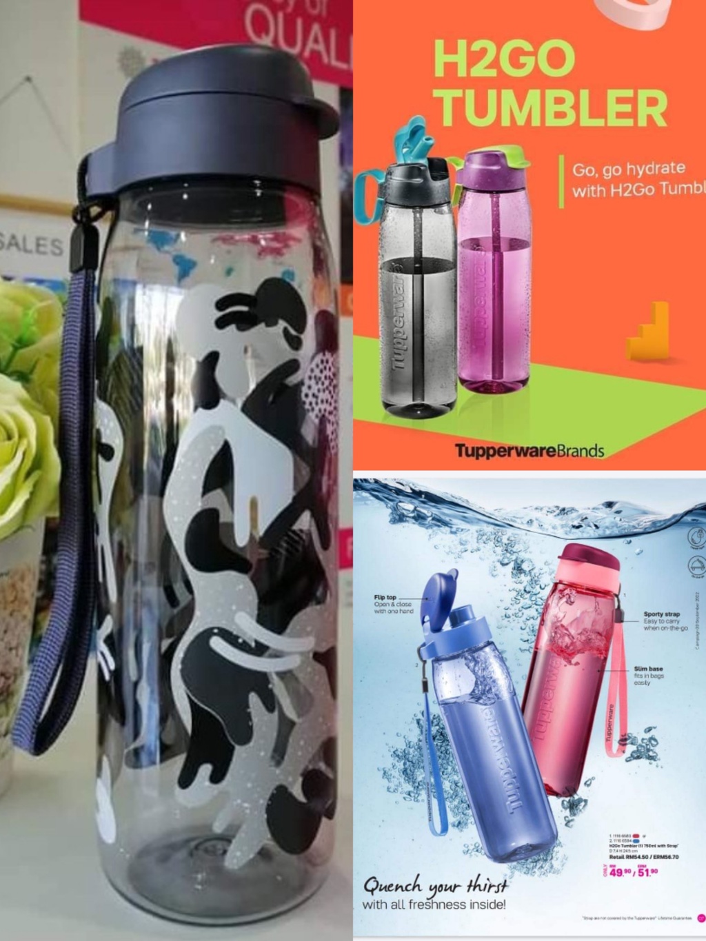 5 Jenis Tupperware NEW H2GO Flip Top Straw Tumbler 750ml / H2go