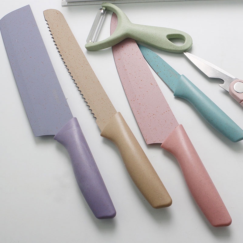 Anti Rust Coating 6 PCS EVCRIERH Corrugated Kitchen Knife Tool Stainless Steel Wheat Straw Colorful Household Knives Set