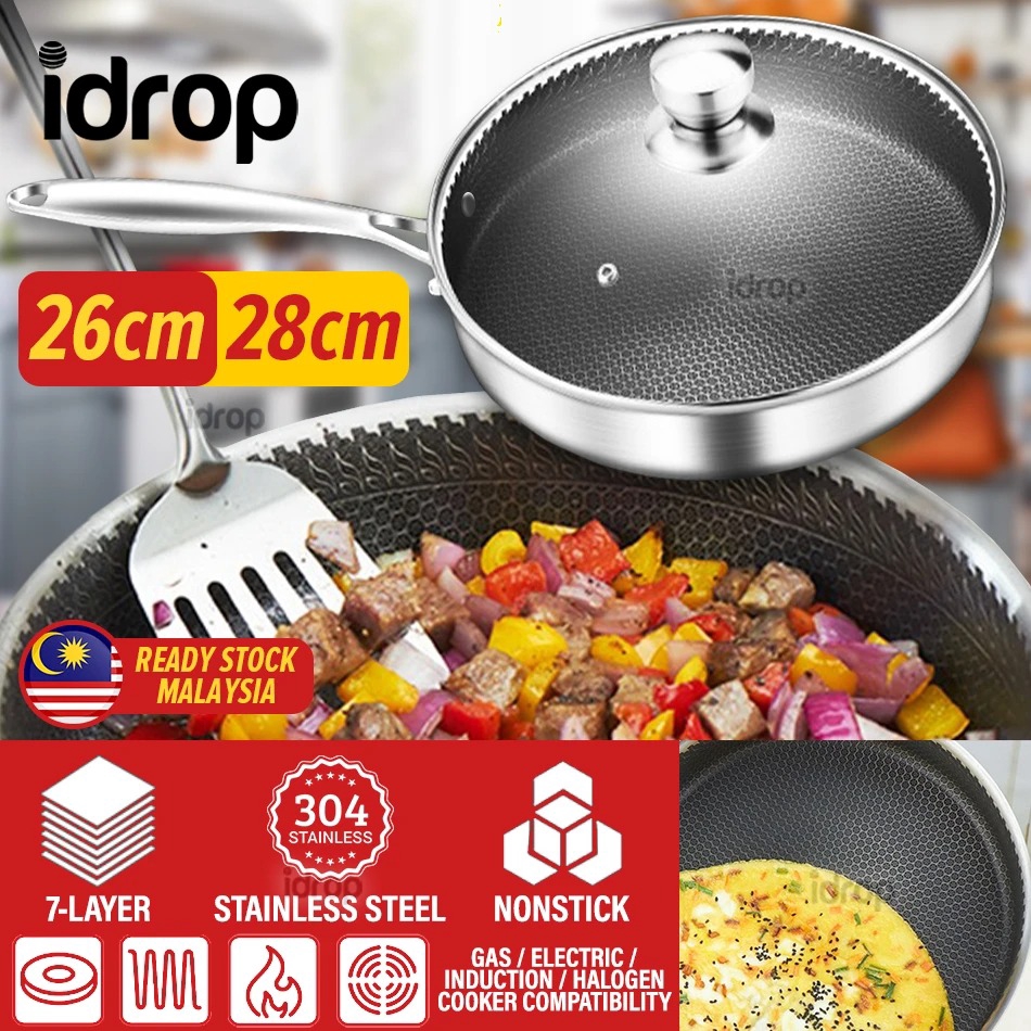 idrop 28/30CM Nonstick Stainless Steel Cooking Wok Frying Pan with Lid cover 