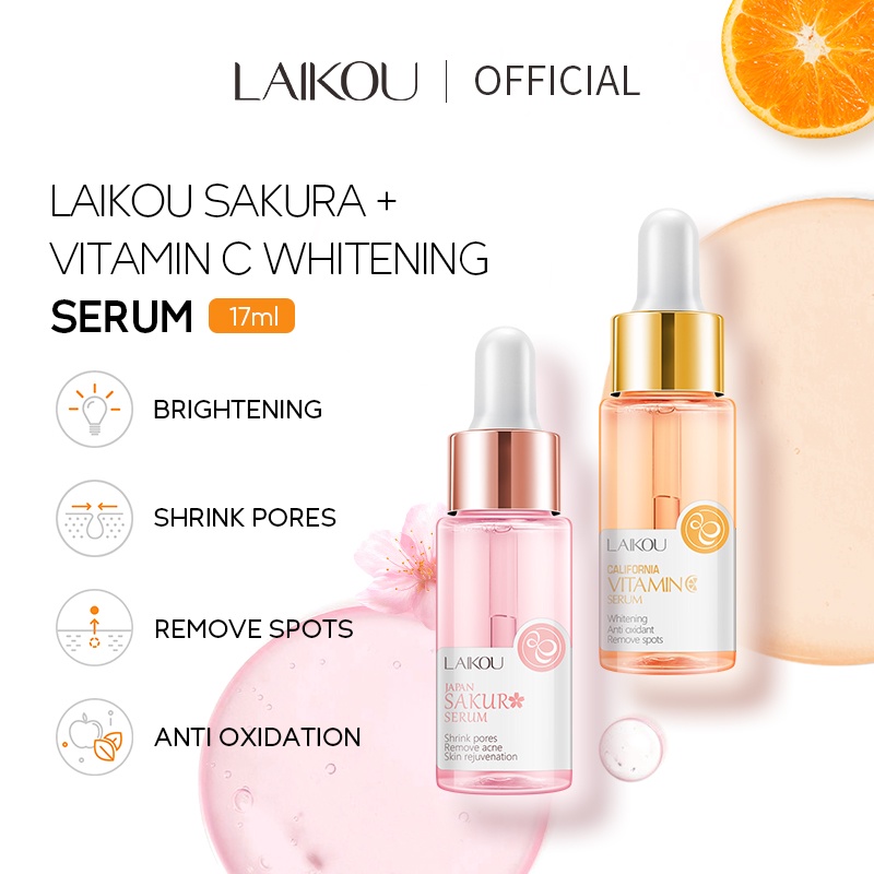 LAIKOU Vitamin C Sakura Face Serum Anti Aging Remove Spots Wrinkles Essence Beauty 2pcs Set