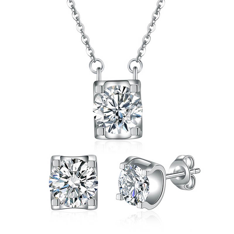 Sentiment 925 Silver Zircon Necklace Earrings Set/ 1-Carat Rantai Diamond Subang Set