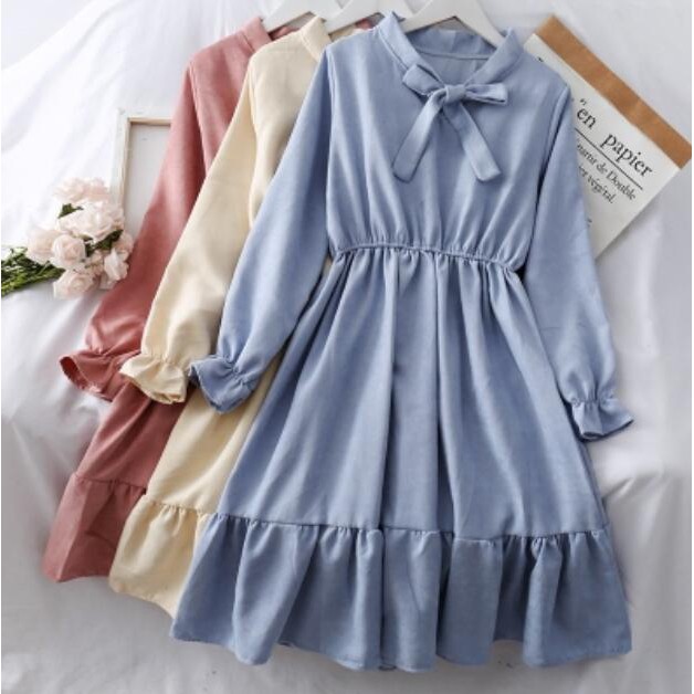 Ready Stock Black  blue  Pink Muslimah Women's Elegant Floral  Fashion Korean Long Sleeve Print Midi Dress