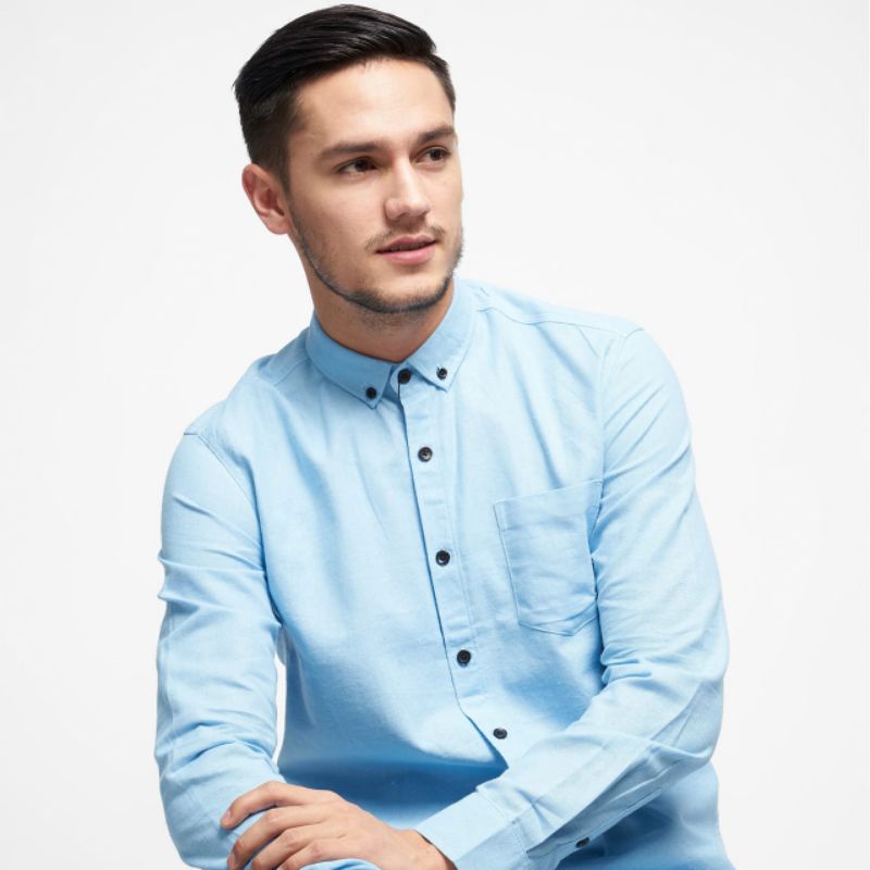 KEMEJA KATUN Men's Plain Shirt Long Sleeve Short Cotton Hem Formal Slimfit Light Blue Sky Blue Soft Blue Alisan