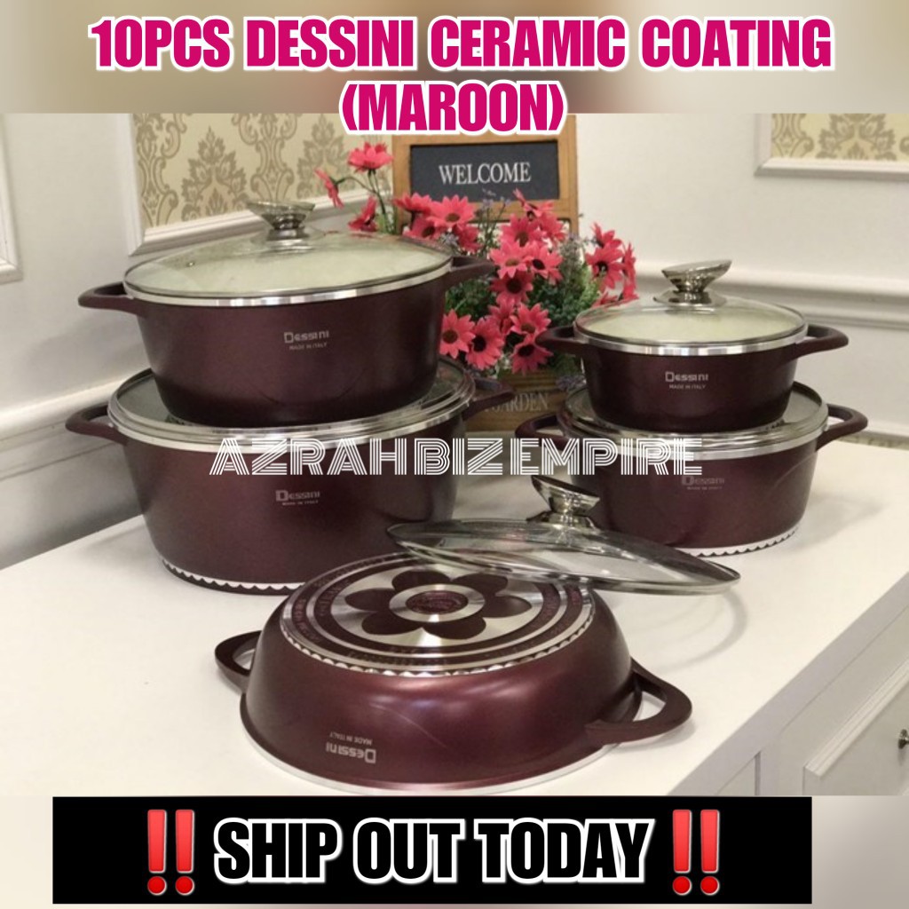  MAROON 10PCS PERIUK  DESSINI CERAMIC  COATING COOKWARE POT 