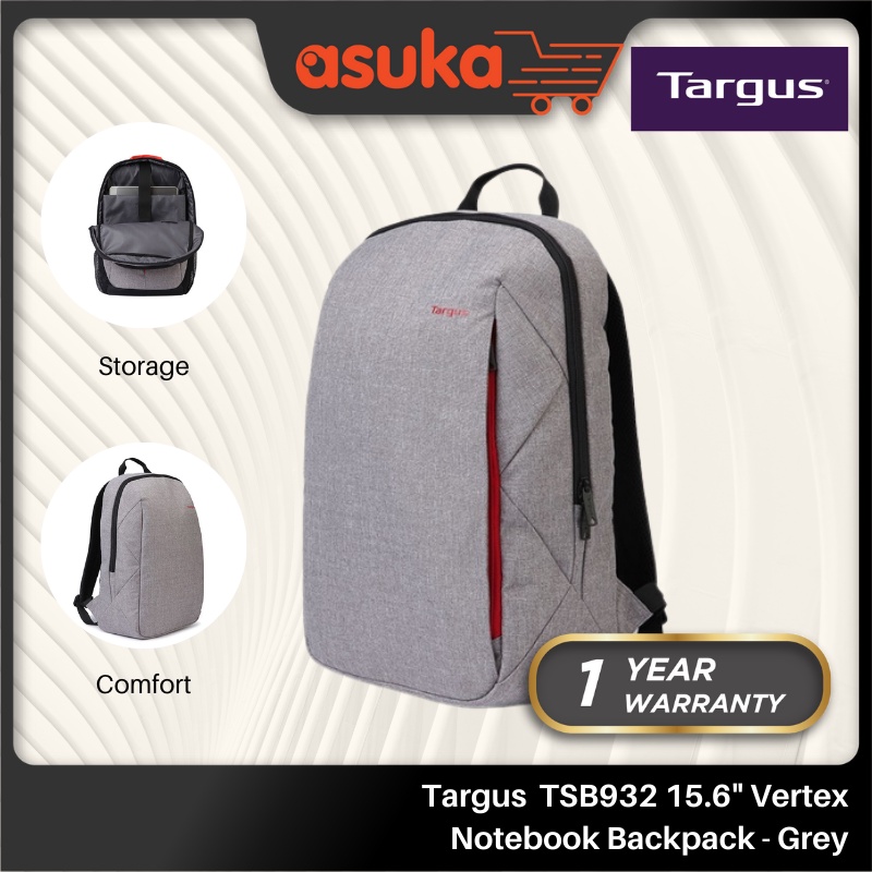[Protect Laptop & Durable Zip] Targus TSB932AP-70/TSB932AP Vertex Notebook Backpack (Grey) - Fits Up To 15.6''