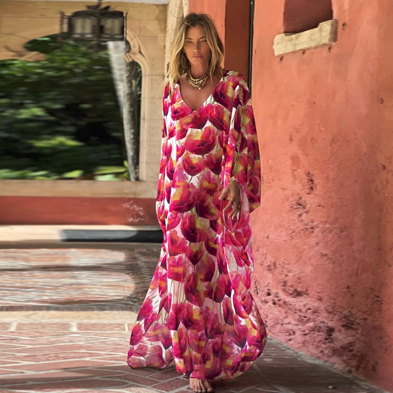 Pink Tulips Women Maxi Dress Stuning Garden Floral Print Chiffon Kaftan Tropical Elegant Long Sleeve Caftan Gorgeous Chic Baju Kelawar Muslimah Beach Cover Ups