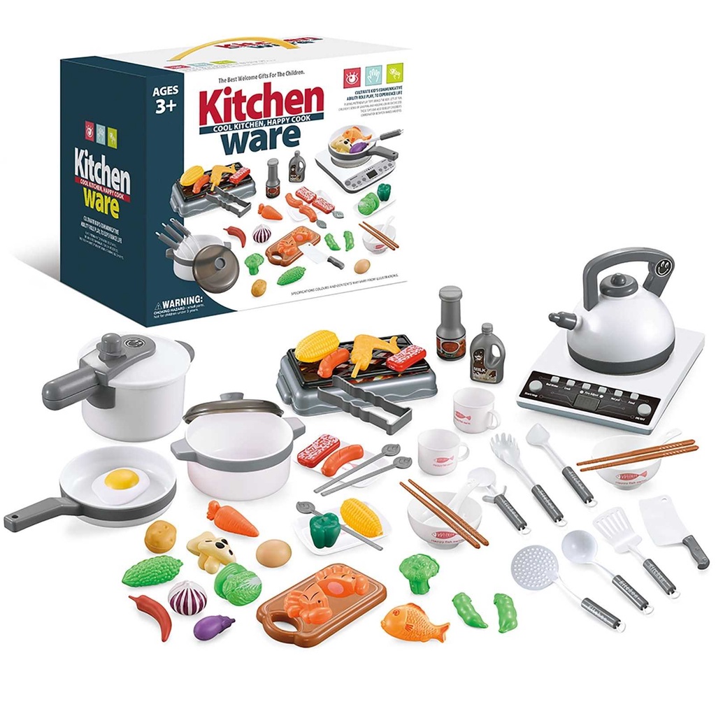 52PCS Kitchen Play Toy Kids Pretend Playset with Cookware Pots and Pans Set Play Food Fruits