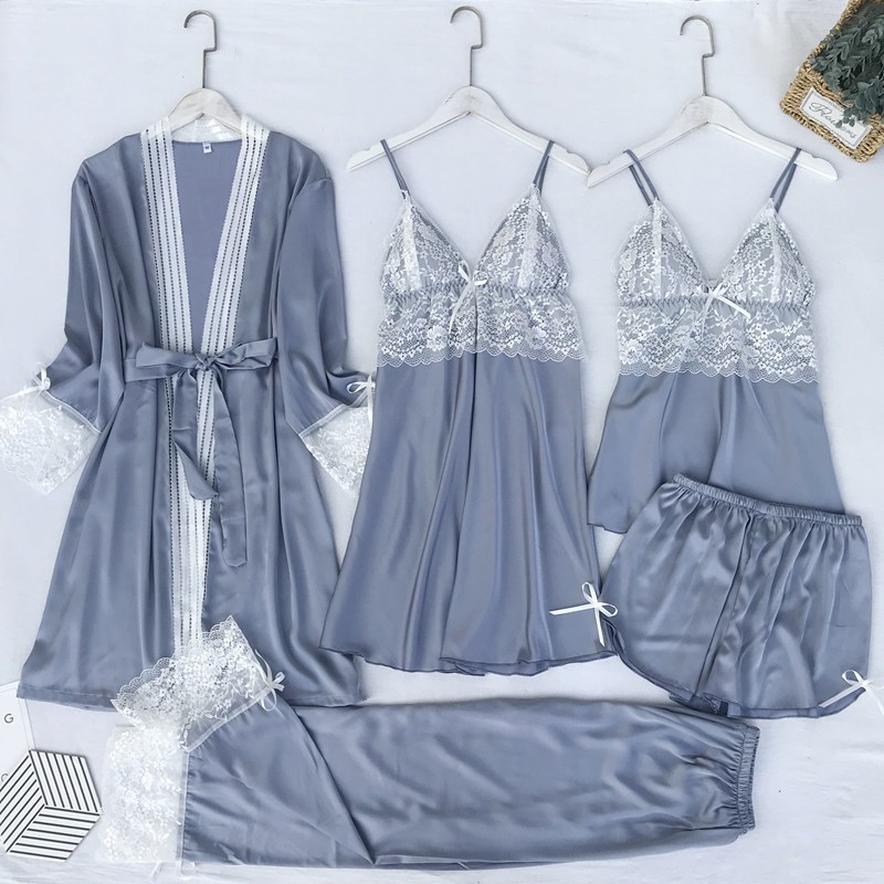 5pcs Suit Ladies Sexy Silk Satin Pajama Set Female Lace Pyjama Set