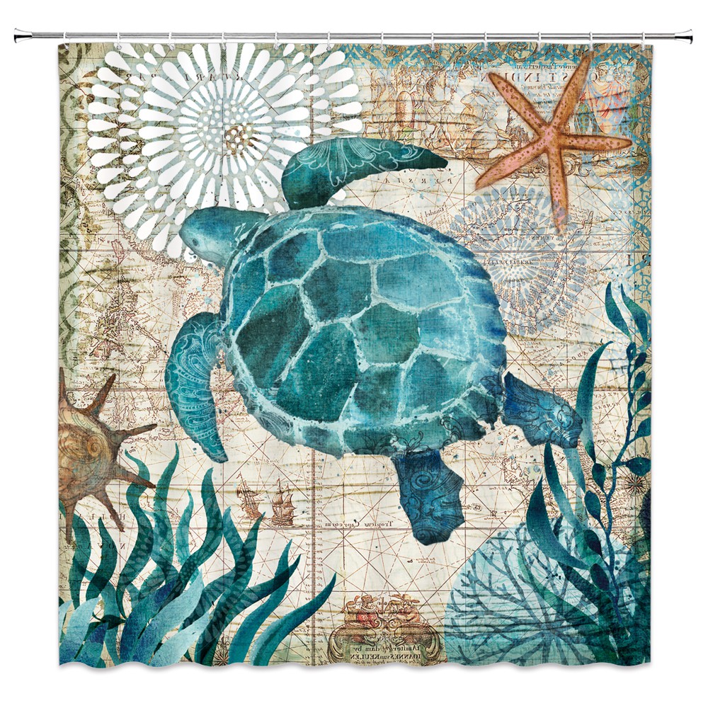 Sea Turtle Shower Curtain Watercolor Ocean Animals Seaweed