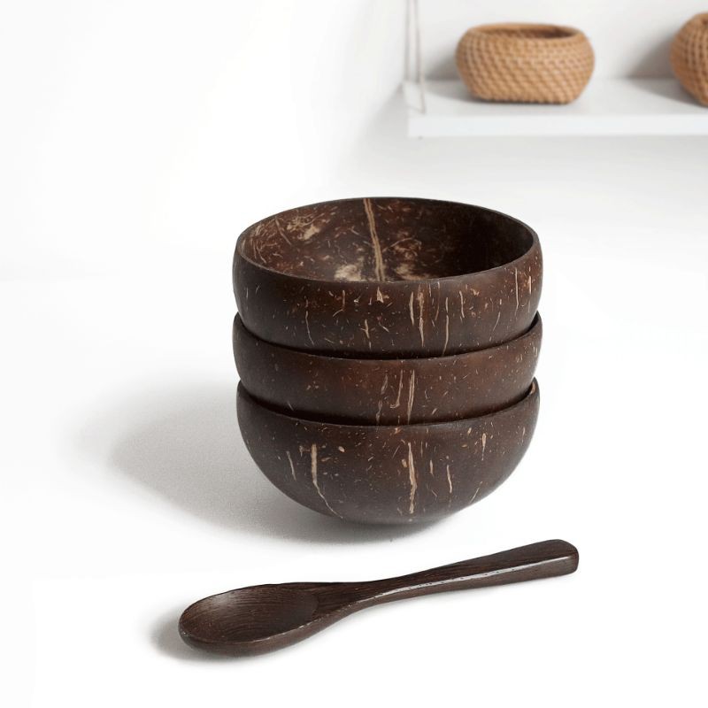 M4007a Natural Vietnamese Coconut Shell Bowl Mangkuk Kelapa Vietnam Asli 天然越南椰壳碗椰子木勺搅拌勺调羹海南老椰子壳叉刀水果沙拉碗