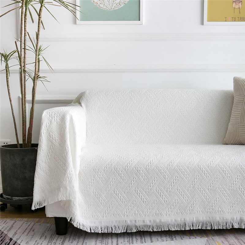 Solid White Cotton Knitted Sofa Throw Blanket Knit Sofa Cover Rug Bed