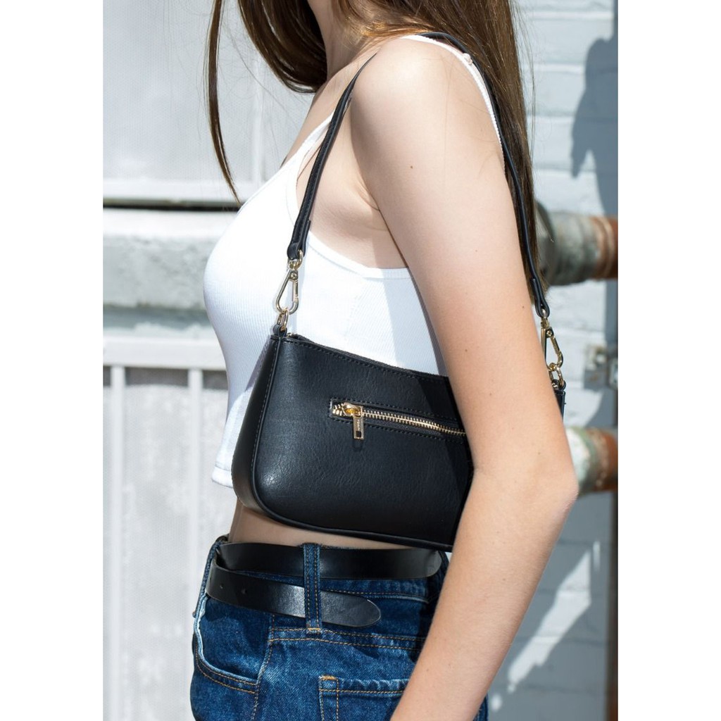 black faux leather shoulder bag