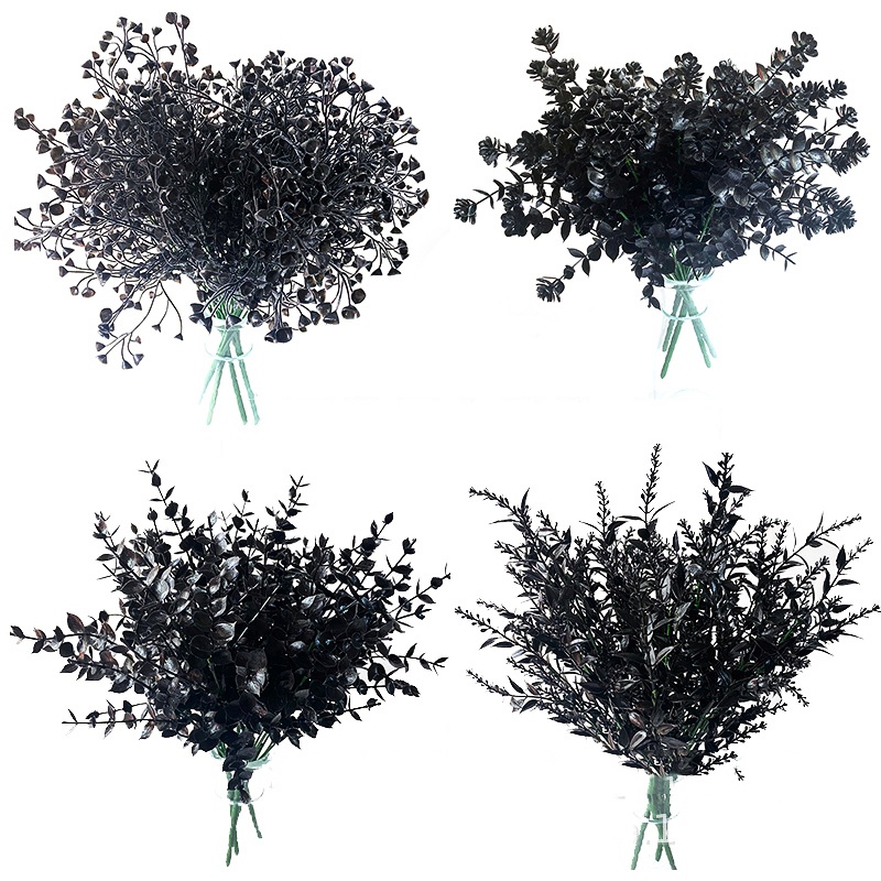 Halloween Black Artificial Plant Vine Eucalyptus Persian Fern Leaf Plastic Fake Flower Home Party Garden Decor Bouquet Photo Props