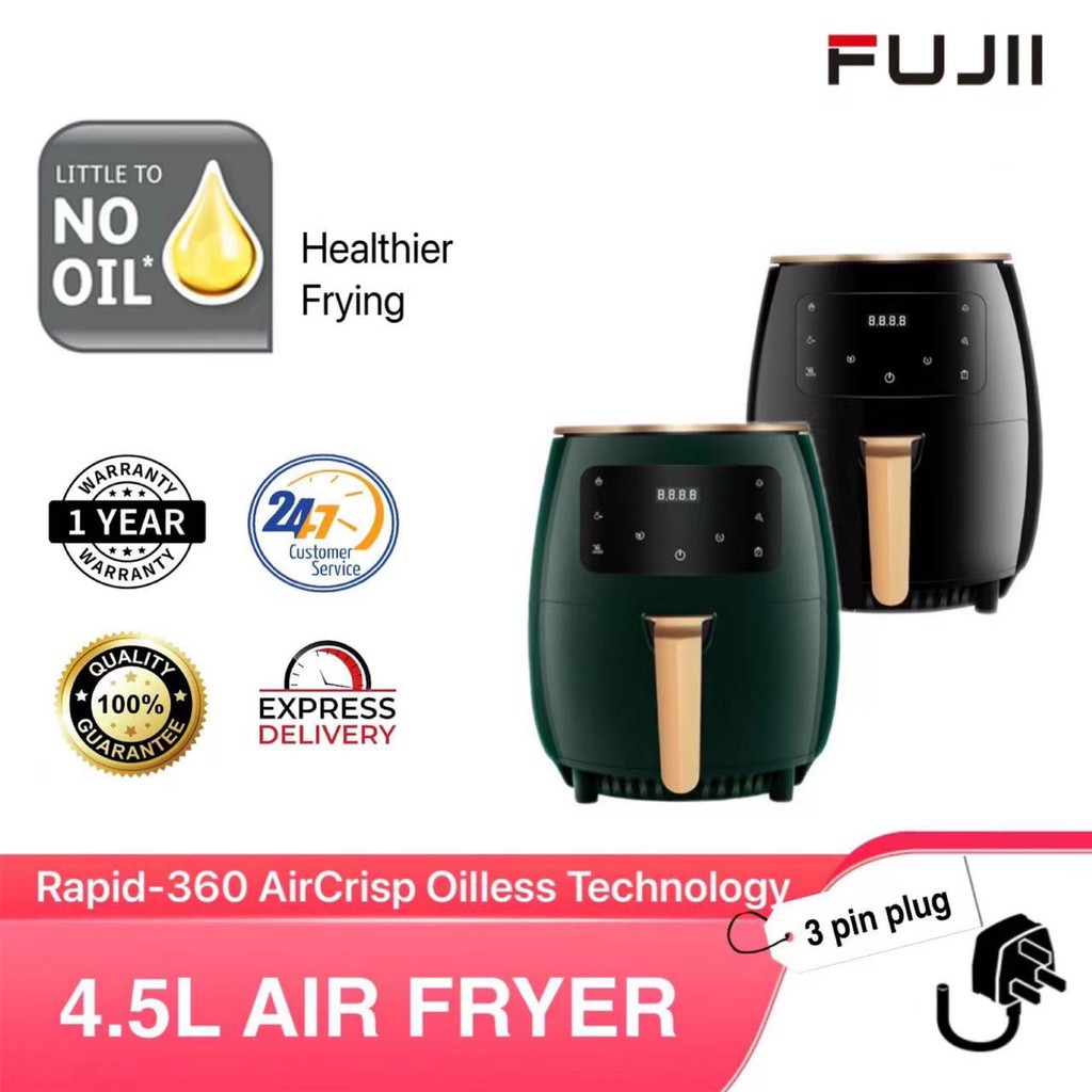 FUJII Air Fryer (4.5L) Non-Stick L-Size Deep Fryer - Green/Black Cook Easy, Clean Easy,Eat Healthy