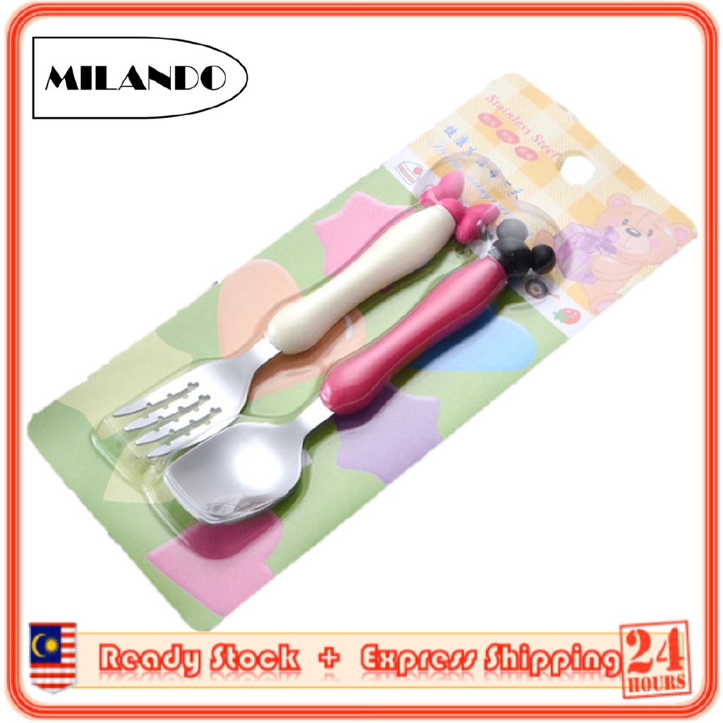 (2 Pcs) MILANDO Toddler Self Feeding Utensil Set Micky Stainless Steel Kids Cutlery Set  Spoon Fork Set (Type 1)