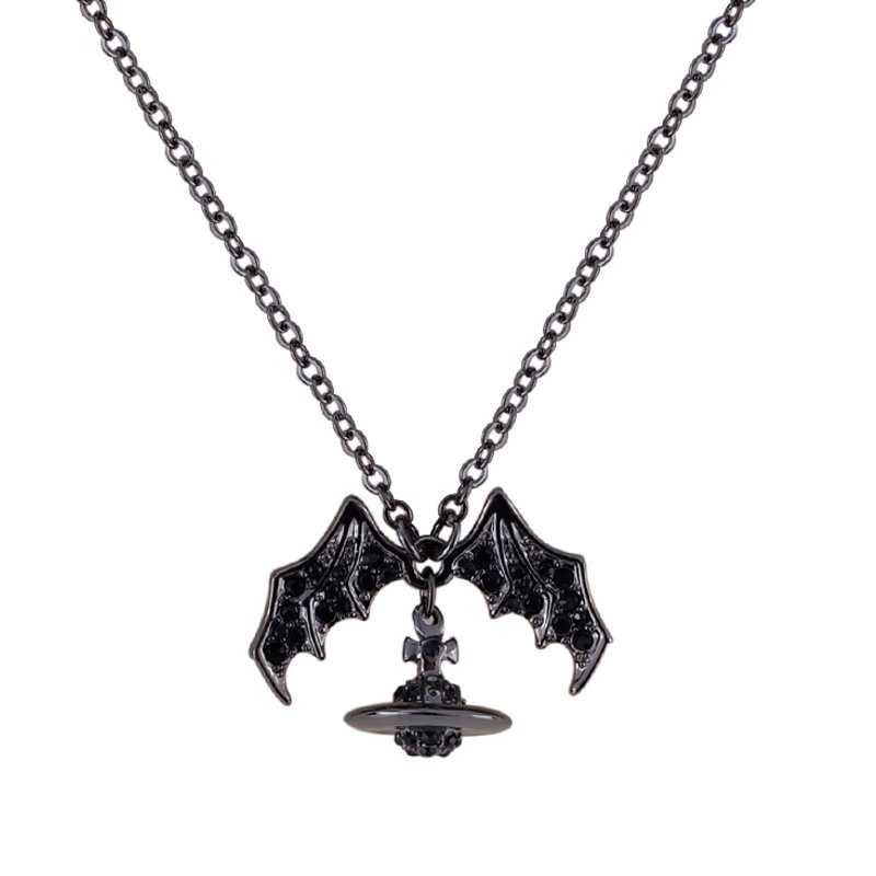 Vivienne West wood Black Bat Stereo Saturn Necklace Punk Style