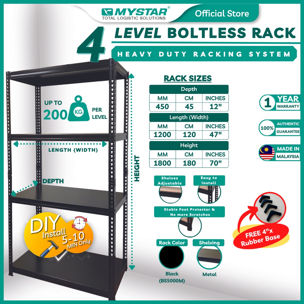 MYSTAR Boltless Rack BLACK 45 x 120 x 180 cm 4 Tier Rack 200Kg/L Metal