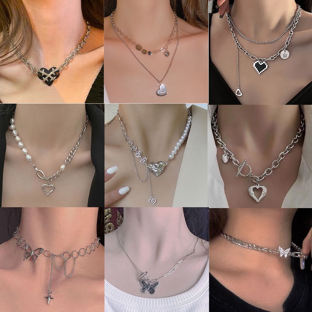 Trend Pearl Chain Heart Butterfly Pendant Necklace for Women Kpop Fashion Necklaces Choker Jewelry