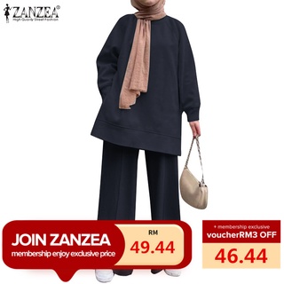 Image of ZANZEA Women Muslim Solid Color Set Long Sleeve O-Neck Blouse Casual Elastic Waist Wide-legged Pant