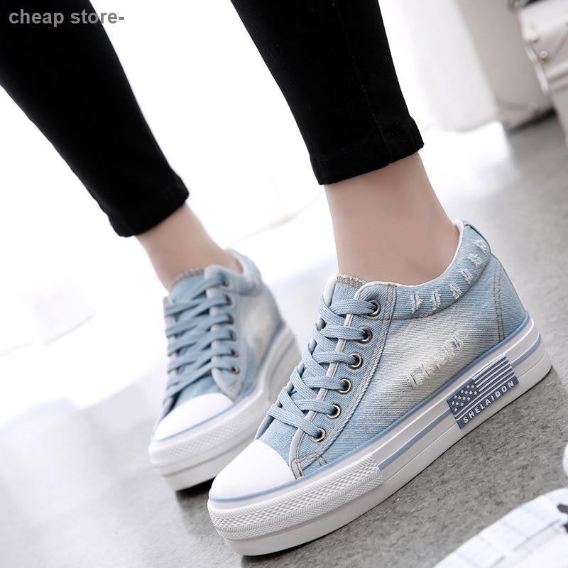 2021 Spring and Autumn Canvas Shoes Ladies New Low-Top Thin Casual Shoes Retro Denim Inner Heightening Casual Cloth Shoe