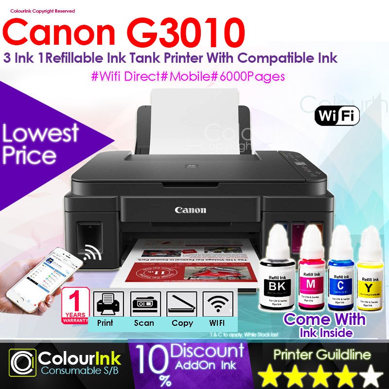 Canon Pixma G3010 Refillable Ink Tank 3 in1 Wireless WIFI with Premium