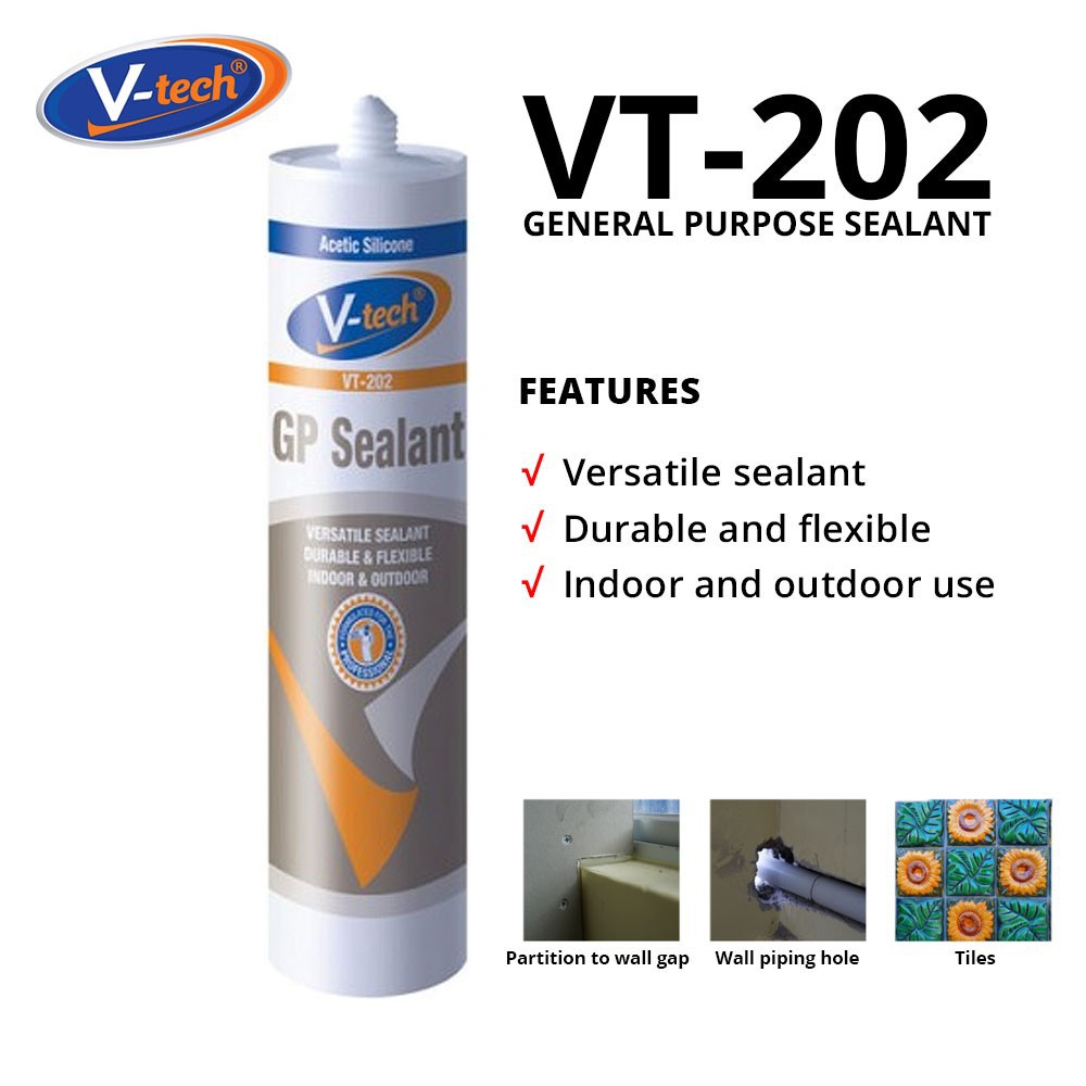V-Tech VT-202 GP Sealant ( CLEAR / BLACK / WHITE ) - Silicone 240ml ...