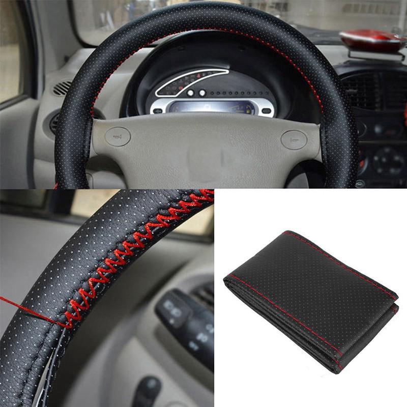 38cm DIY PU Leather Car Auto Steering Wheel Cover With Needles and Thread Black