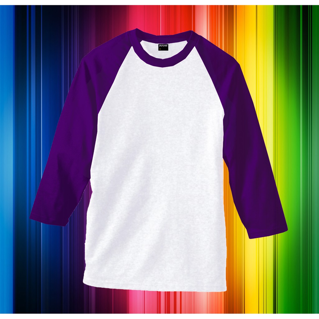 purple and white raglan shirt