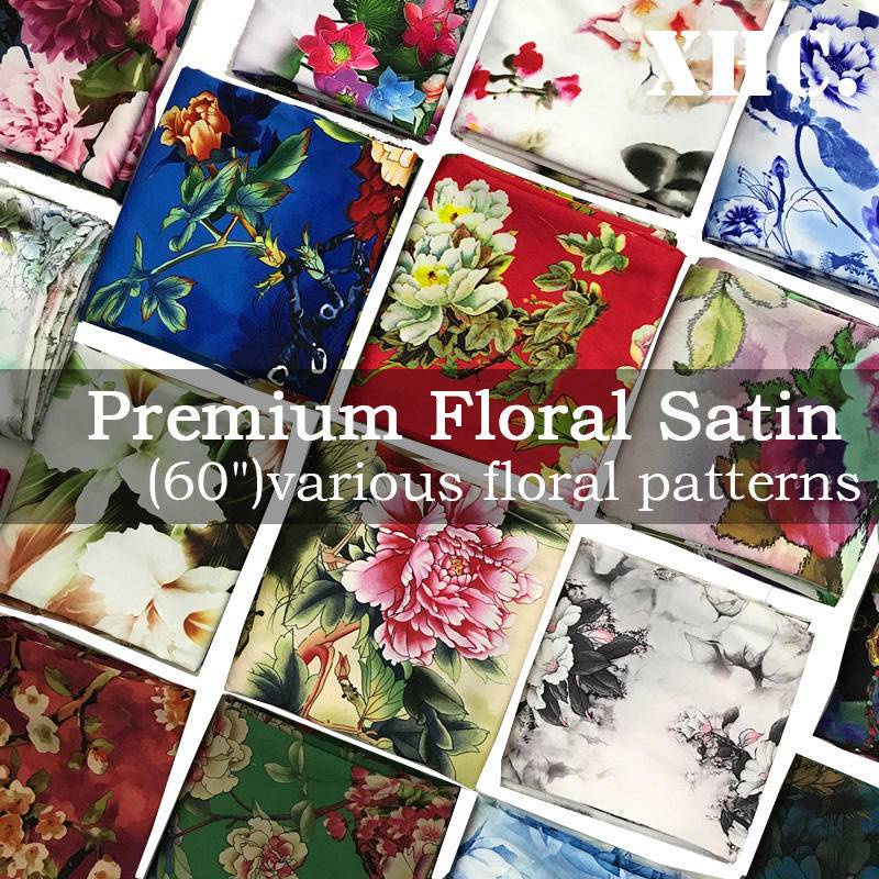 [READY STOCK] Premium satin Silk Print Pattern Fabric Stretch Satin Sewing Garment Dress Handmade DIY Bag Patchwork Fabric / Kain bercetak tiruan sutera