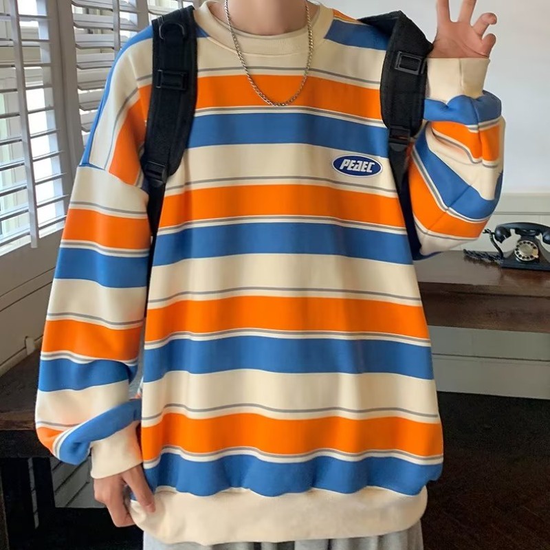 【Plus Size M-5XL】Men's Contrast Striped Sweatshirt Round Neck Trend Loose Personality Long-sleeved Sweatshirt American Sweatshirt Unisex