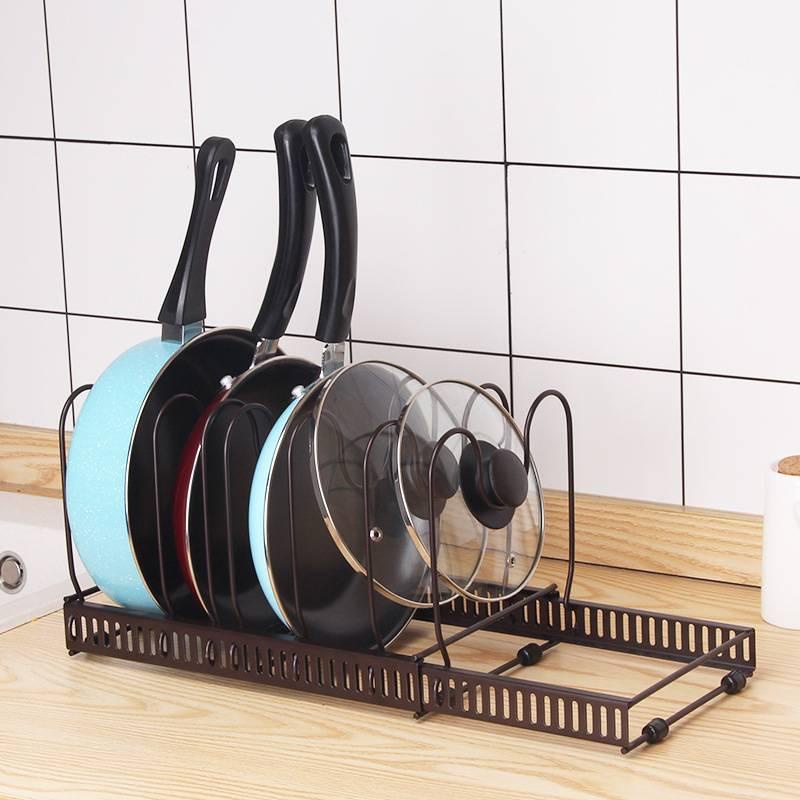 Expandable Kitchen Pans Rack Lid Stand  Adjustable Compartments Pots and Pans Organizer